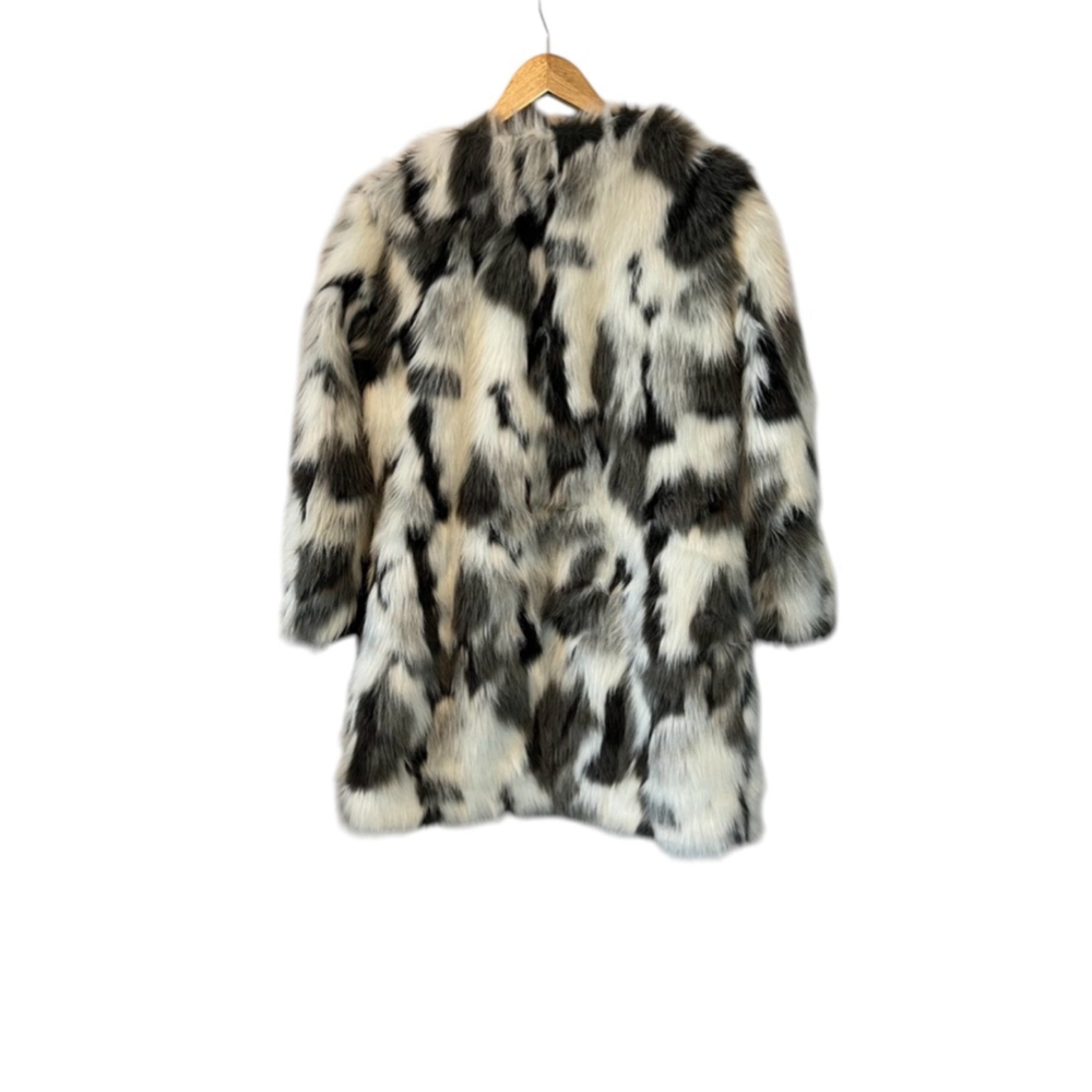 BEBE Black & White Faux Fur Cropped Sleeve Snap Button Mid Length Jacket Coat S - Picture 6 of 12